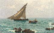 Julius Ludwig Friedrich Runge Morgenstimmung an der Adria mit Fischerbooten und Langustenfischern. Im Vordergrund felsige Kuste.